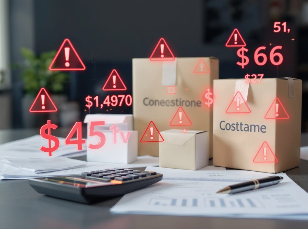 Cost analysis showing financial drawbacks of branded shipping boxes with calculator and expense charts