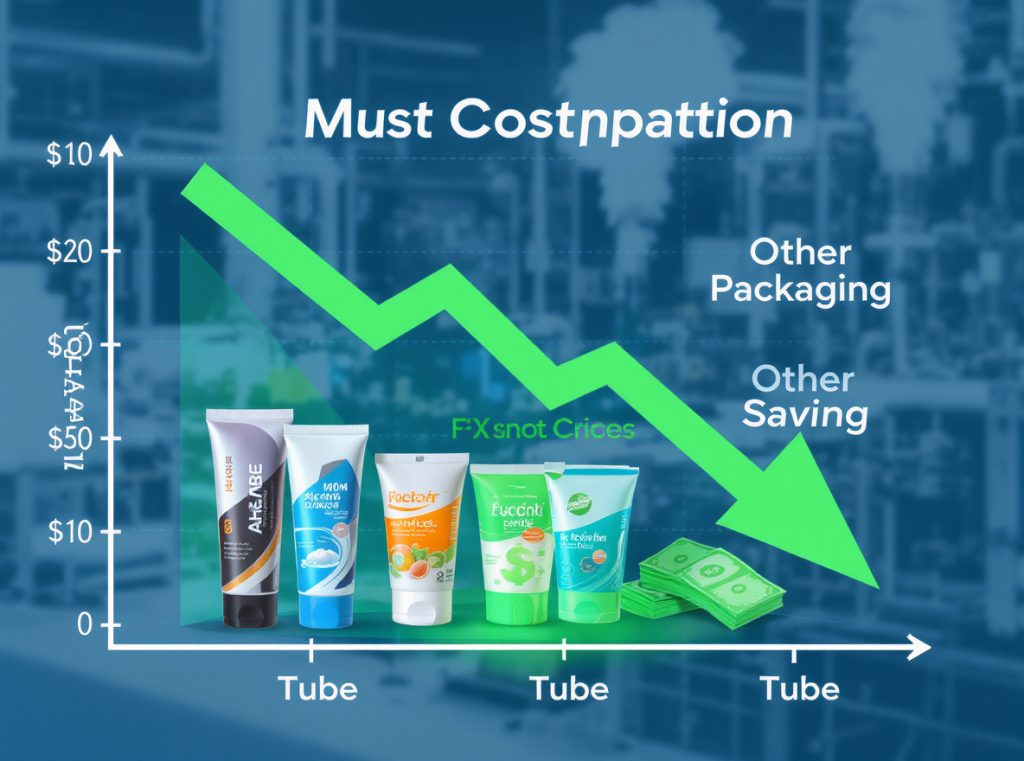 Manufacturing cost comparison showing 30% savings with tube packaging versus traditional packaging methods