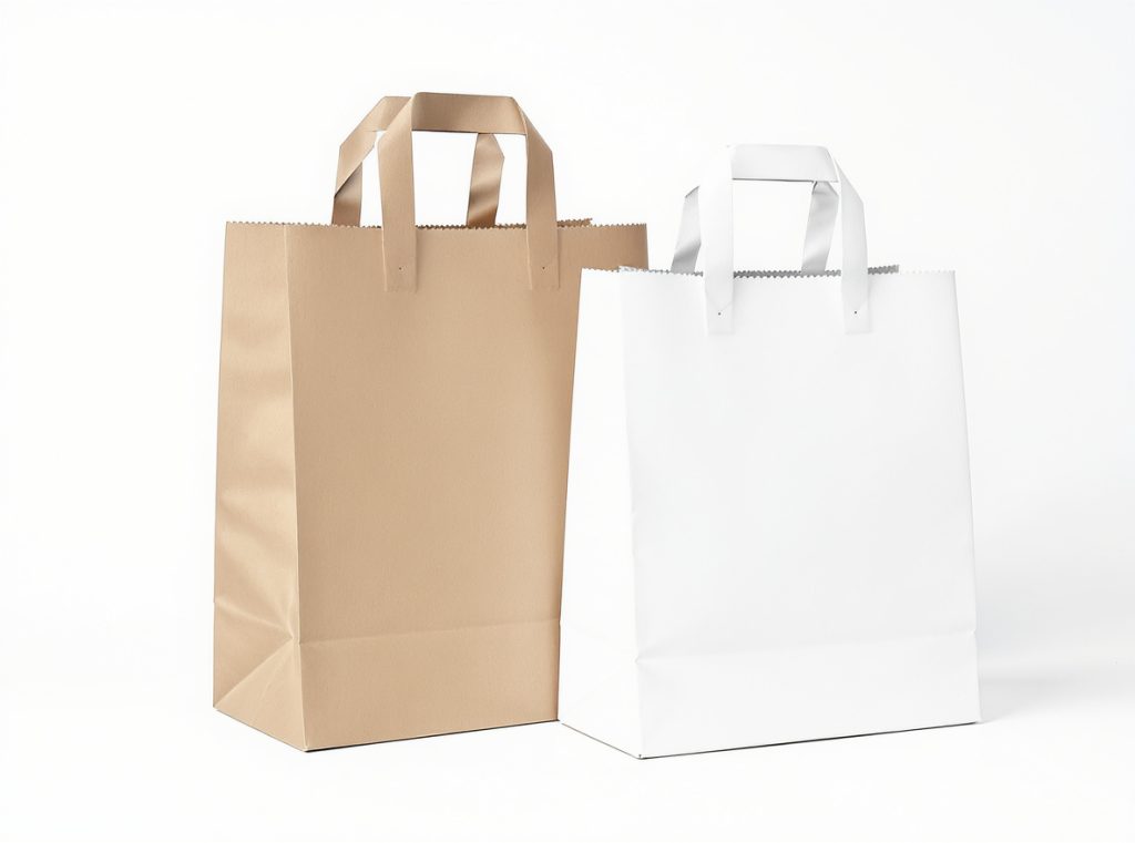 Die-cut handles on paper shopping bags with punched grip holes in reinforced tops