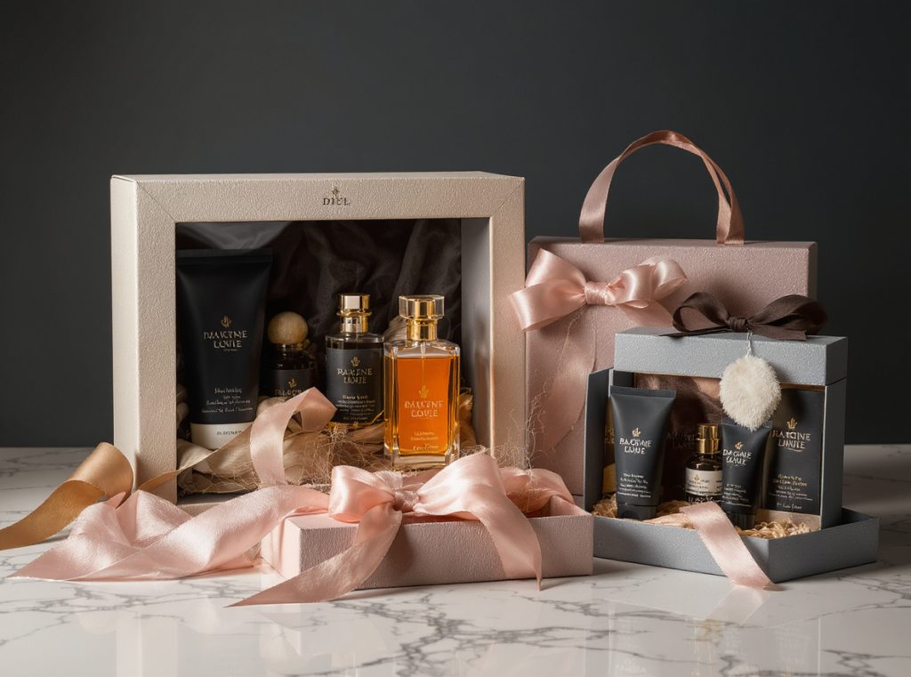 Premium window packaging boxes with branding elements showcasing luxury products and brand identity