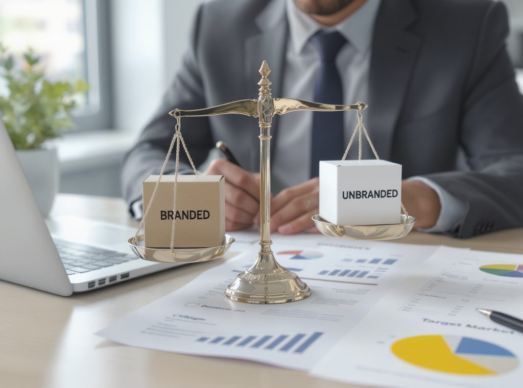 Business decision making process comparing branded and unbranded packaging options with evaluation criteria