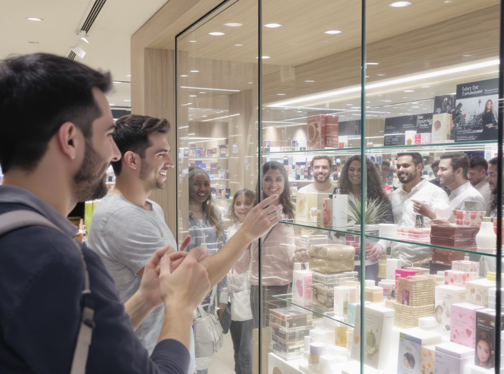 Customers enjoying enhanced shopping experience with window packaging boxes in retail store