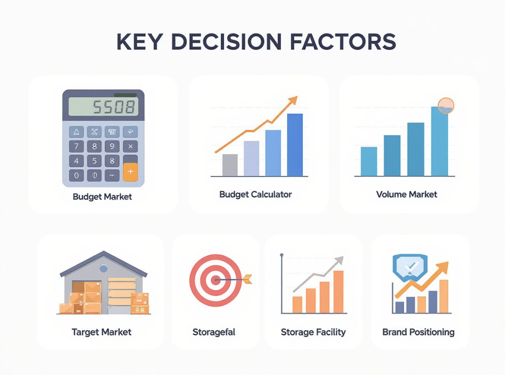 Key factors for packaging decisions including budget, volume, target market and brand positioning