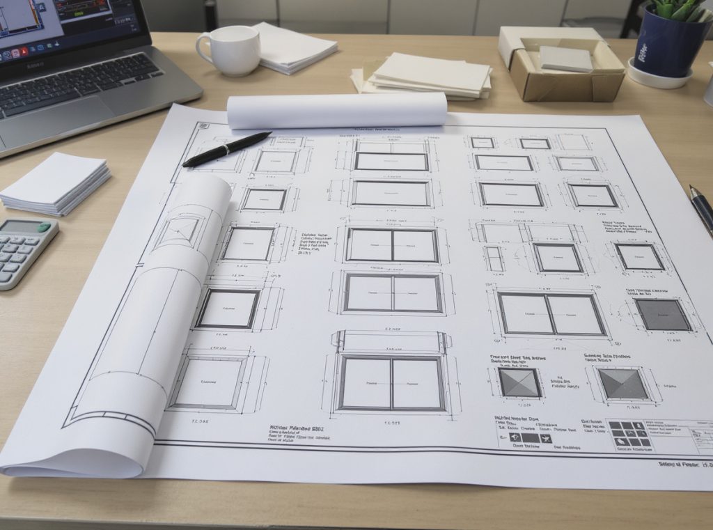 Window box packaging design considerations showing technical blueprints and structural elements