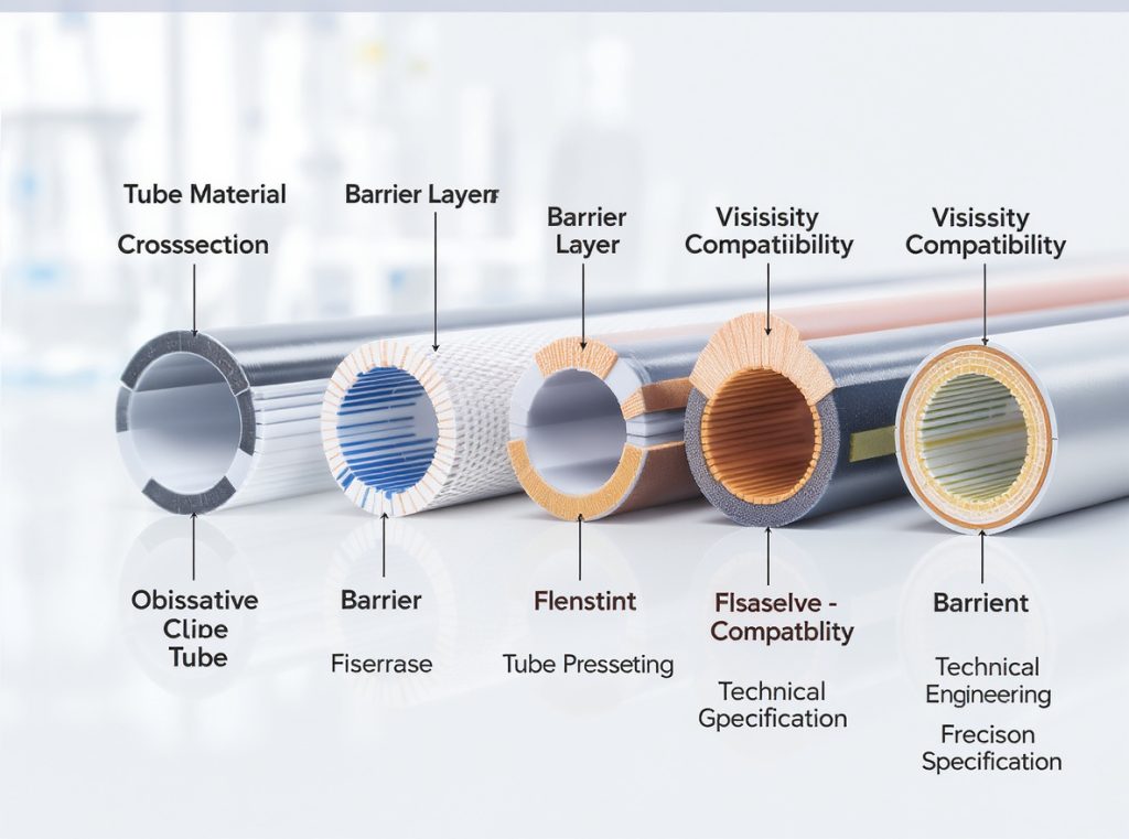 Technical diagram showing tube packaging barrier properties and compatibility for different cream and gel formulations