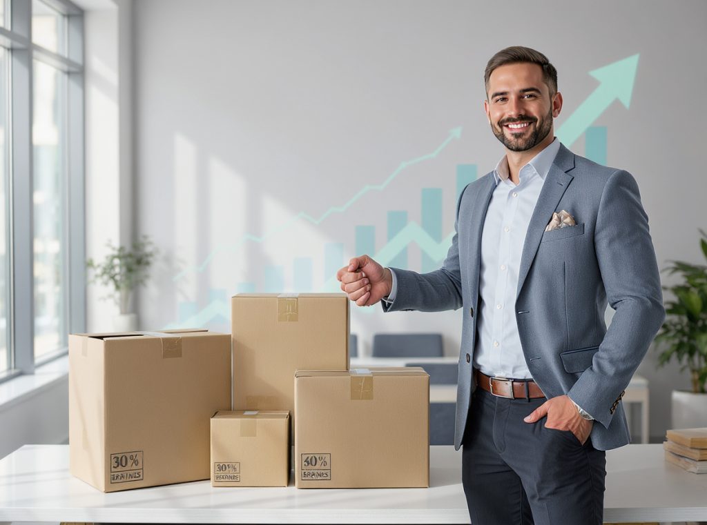 Successful business owner with branded and unbranded shipping boxes showing packaging strategy success