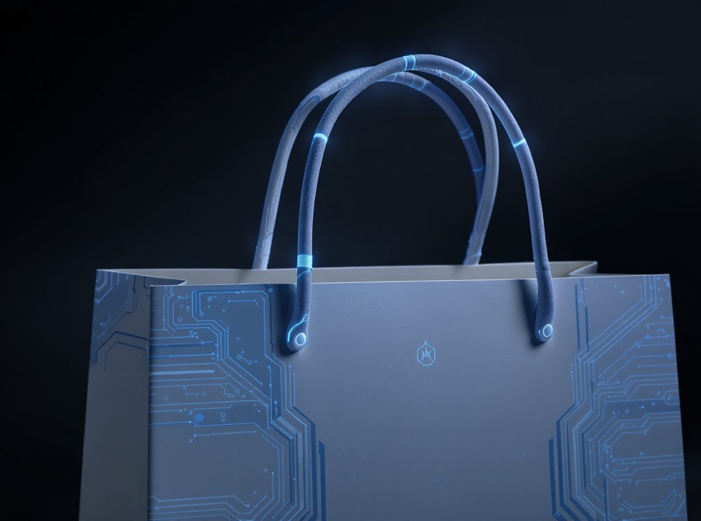 Eco-friendly paper shopping bag handles with sustainability and recycling focus